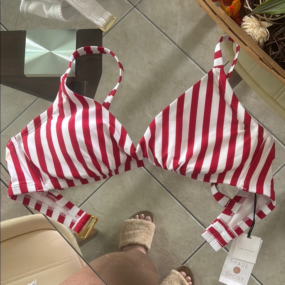 Shade & Shore Red and White Striped Swim Top